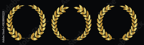 A set of Three golden decorative laurel wreaths set. Illustration of three wheat and laurel wreaths in different styles isolated on black background