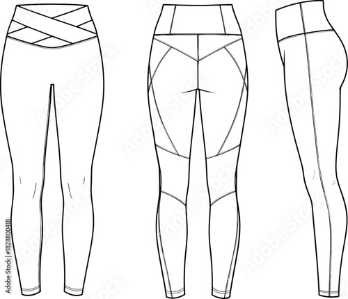 Women's leggings vector, crisscross waistband, front back side view
