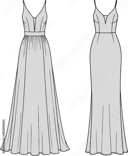 Women's gown vector, deep V neckline, fitted bodice, flared skirt, front and back viewWomen's gown vector, deep V neckline, fitted bodice, flared skirt, front and back view
