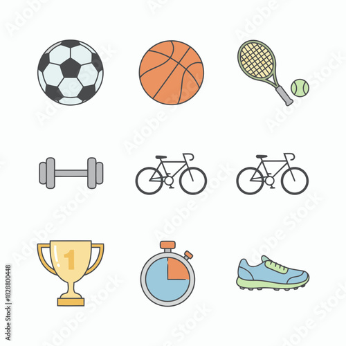 Sports, Fitness and Competition Icon Set in Soft Pastel Color, Flat Design Vector Illustration