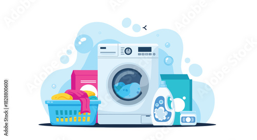 Laundry day concept illustration with a front-load washing machine a basket of clothes and various cleaning detergents.