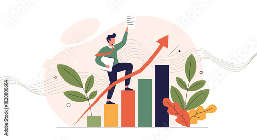 Successful businessman climbing a bar chart with an upward arrow which represents career growth and business development.