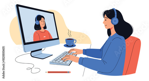 Woman participating in a video call for remote work or online learning while typing on her computer in a home office.