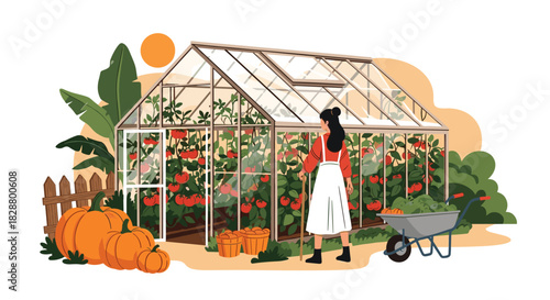 Woman harvesting fresh organic vegetables from her large backyard greenhouse filled with ripe tomatoes and other plants.