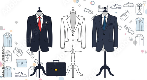 Collection of classic men's business suits on mannequins with various fashion accessories like shoes and briefcases.