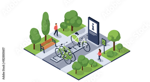 Isometric illustration of a modern city park area with a bicycle parking rack a bench trees and people walking nearby.