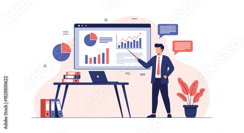 Businessman in a suit giving a presentation pointing to a large screen with data charts graphs and business analytics.