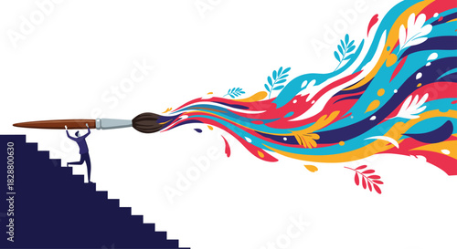 Creative person climbing stairs while holding a giant paintbrush that is painting a vibrant and colorful abstract wave.