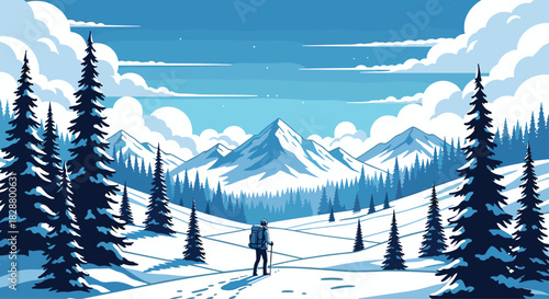 Hiker with a backpack trekking through a vast snowy mountain landscape with pine trees under a clear winter sky.