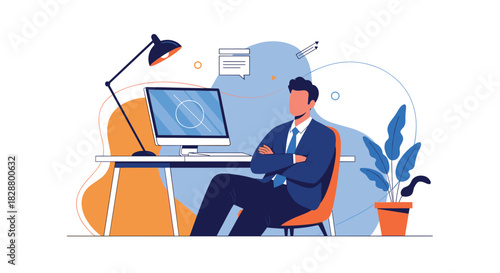 Confident businessman sitting with arms crossed at his modern office desk with a computer lamp and a potted plant.