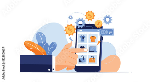 Hand holding a smartphone and browsing an online store in a mobile app with money and gear icons in the background.