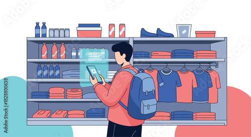 Man with a backpack using augmented reality on his tablet to scan products on shelves in a modern retail store.