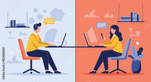 Man and woman working remotely from different locations but connected online through their laptops for a virtual meeting.