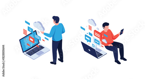 Isometric illustrations of men using cloud computing technology on laptops for data storage and online communication.