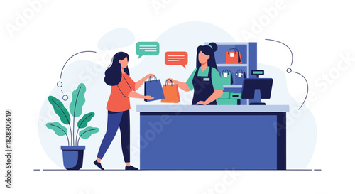 Female cashier serving a customer at the checkout counter in a retail store and handing her a shopping bag illustration.