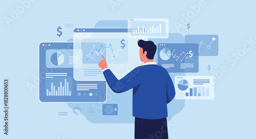 Businessman analyzing complex financial data across multiple dashboards and interactive screens in a modern digital interface.