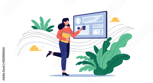 Young woman interacting with a large interactive touchscreen display or smartboard in a modern and natural setting.