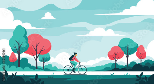 Person riding a bicycle on a path through a beautiful park with colorful trees and a peaceful landscape background.