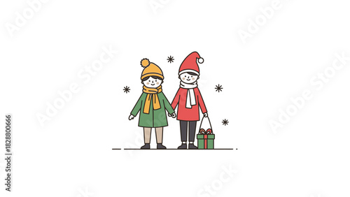 Two children holding hands, dressed in winter clothes with gifts, surrounded by snowflakes in a minimalist illustration.