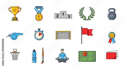 Collection of colorful icons related to sports competitions and awards including a trophy medal and a soccer goal.