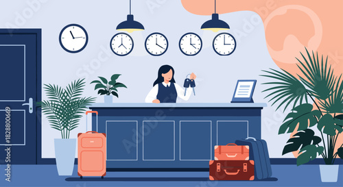 Hotel receptionist at the front desk holding room keys for a guest with luggage and clocks showing different time zones.