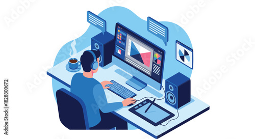 Graphic designer working at a desk with a dual monitor setup a drawing tablet and speakers in a creative workspace.