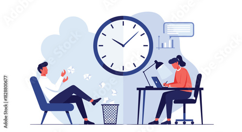 Concept of procrastination versus productivity with one person relaxing and another working hard against a large clock.