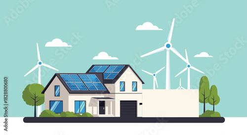 Modern eco-friendly house with solar panels on the roof and wind turbines generating clean renewable energy in the background.