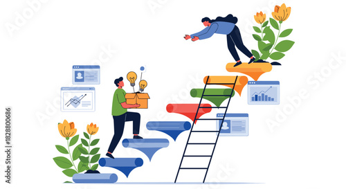 Mentor helping a colleague with ideas climb a career ladder while another person carries a box of lightbulbs up the stairs.