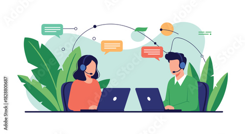 Male and female customer service agents with headsets working on laptops in a call center providing online support.