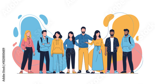 Diverse group of young people standing together as a team or community against a colorful abstract background.