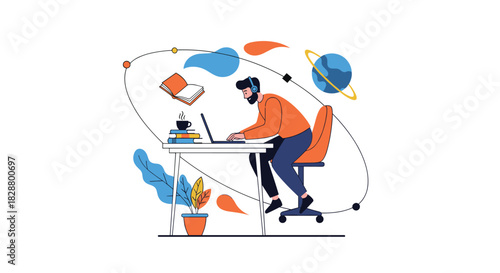 Man working or studying online at his desk with a laptop surrounded by icons of books planets and knowledge.