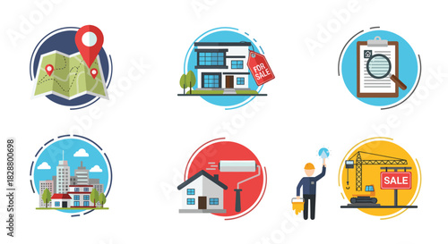 Set of circular icons representing the real estate industry including property search home renovation and construction.