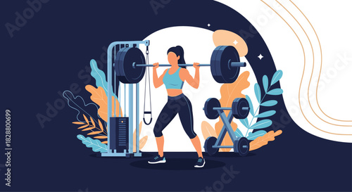 Strong woman in sportswear lifting a heavy barbell in a gym setting surrounded by other fitness workout equipment.