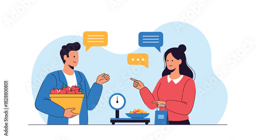 Farmer selling fresh apples to a female customer at a local market with a weighing scale and communication bubbles.