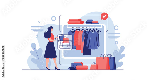 Woman with a shopping cart choosing clothes from a virtual rack in an online store for a modern e-commerce experience.