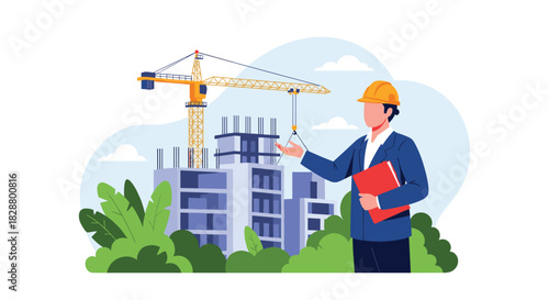 Professional engineer in a hard hat holding a folder while inspecting a high-rise building under construction with a crane.