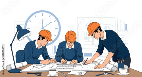 Team of architects or engineers in hard hats working together on a building blueprint at a desk under a deadline.