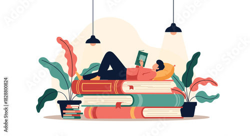 Person lying on a large stack of books and reading comfortably under hanging lights surrounded by lush houseplants.