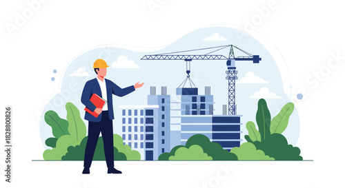 Male architect or engineer in a hard hat inspecting a building construction site with a large crane in the background.