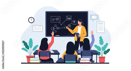 Female teacher explaining a lesson to students in a classroom with a chalkboard and students raising their hands.