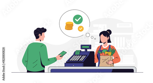 Man making a contactless payment with his smartphone at a grocery store checkout with a female cashier bagging items.