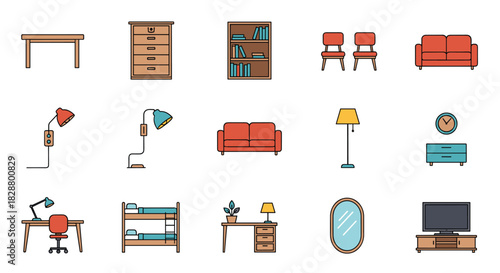 Colorful collection of modern home furniture icons including a sofa bed desk chair bookshelf and lamps for interior design concepts.