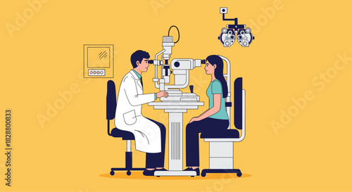 Male optometrist conducting an eye examination for a female patient using a slit lamp and phoropter in a modern clinic.
