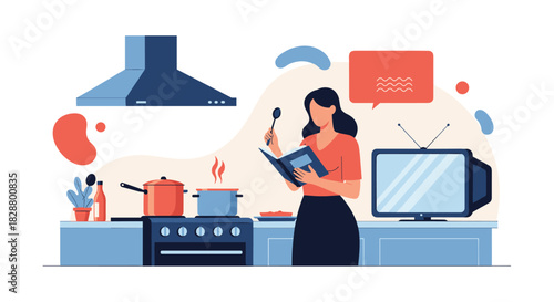Woman cooking a meal on a stove in a modern kitchen while reading from a recipe book with a television in the background.