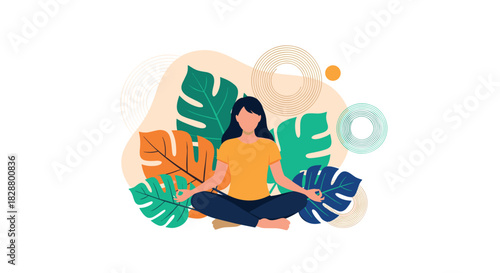 Serene woman practicing yoga and meditation in the lotus position surrounded by colorful tropical leaves for mindfulness and relaxation.