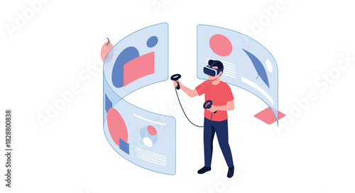 Young man wearing a virtual reality headset and holding controllers interacts with holographic screens in a futuristic metaverse.