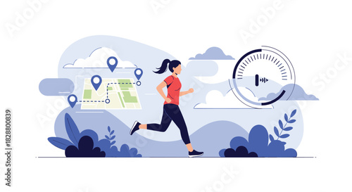 Athletic woman running outdoors with a digital interface showing a map route and a stopwatch for tracking fitness and progress.