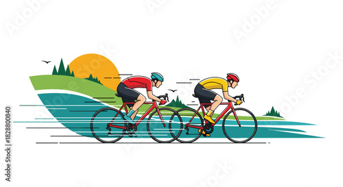 Two professional cyclists in helmets racing on road bikes through a scenic landscape of hills and water during a vibrant sunset.