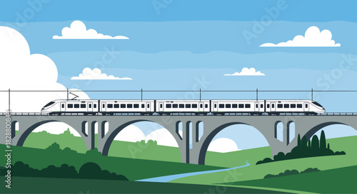 Modern white high-speed passenger train traveling across a stone arch bridge in a beautiful green countryside landscape with blue sky.